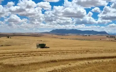 a combine harvester in a field of wheat at Le Graan Guestroom in Malmesbury