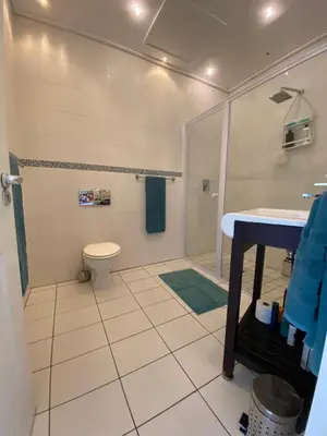 a bathroom with a shower and a toilet and a sink at Onrus Beach House in Hermanus