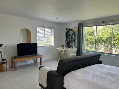 a bedroom with a bed and a tv and a couch at Sunset Studios in Cape Town