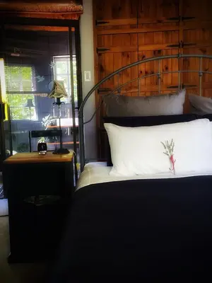 a bed with a white pillow and a lamp on a table at The Secret Room in Somerset West