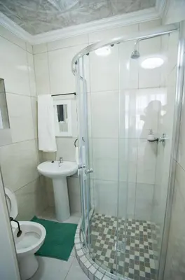 a bathroom with a shower and a toilet and a sink at Cape Dreamland in Cape Town