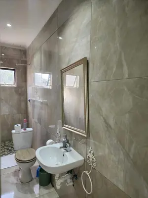 a bathroom with a sink and a toilet and a mirror at Tia Maria bachelor apartment in Cape Town