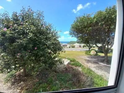 a view from a window of a garden with trees at Whale Rock Estate Four 1 in Hermanus
