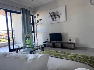 a living room with a couch and a tv at Protea house in Cape Town