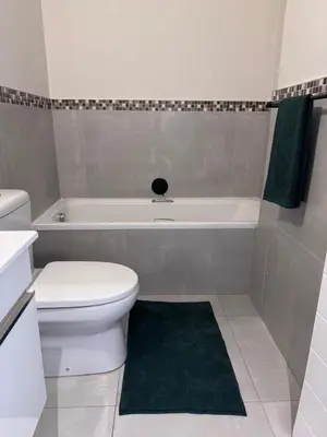 a bathroom with a white toilet and a bath tub at Protea house in Cape Town