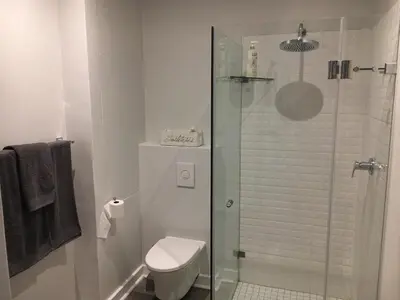 a bathroom with a toilet and a glass shower at Le Bourgette - Close to Town With Great Views in Franschhoek