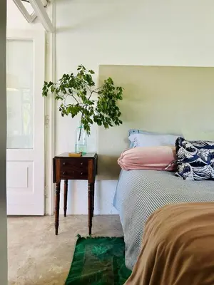 a bedroom with a bed and a table with a plant at Stellenbosch Farm Studio Apartment in Penhill
