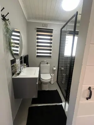 a bathroom with a toilet and a sink and a shower at Hephzibah Inn Farm Cottage in Hermon