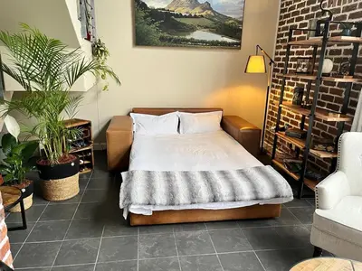 a bedroom with a bed and potted plants at Enchanted View from Above in Stellenbosch