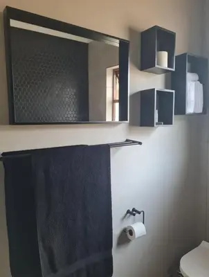a bathroom with a black shower curtain and a mirror at Flamingle at Coot in Cape Town