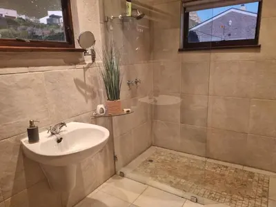 a bathroom with a sink and a shower at La Mer in Bettyʼs Bay