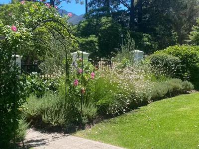 a garden with pink and white flowers and grass at 8 Sleeper, 4 Bedroom Home in Franschhoek in Franschhoek