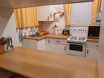 a small kitchen with a stove and a sink at Betty's Bay Quaint Cottage in Bettyʼs Bay