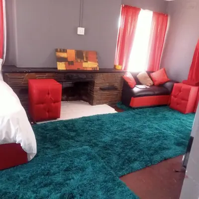 a living room with a green rug and red furniture at Fairbridge Queens and Kings Guest House in Cape Town