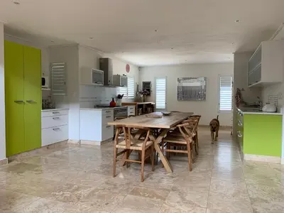 a kitchen with a wooden table and green cabinets at Soul Place in Pringle Bay
