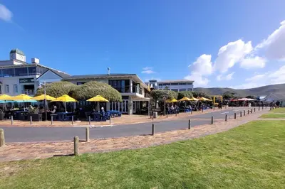 a row of tables with yellow umbrellas on a street at Whale Watchers studio in Hermanus