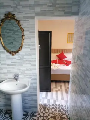 a bathroom with a sink and a bed with a mirror at Neo & Ruks Guest Houses Boston Belleville 6 in Bellville