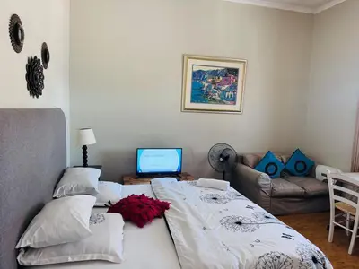 a bedroom with two beds and a tv and a couch at Peaceful getaway in Cape Town