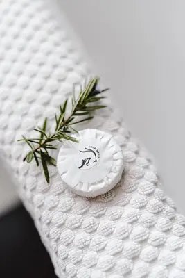 a white object with a green plant on a blanket at Courchevel Cottages in Franschhoek