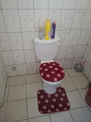 a bathroom with a toilet with a rug on the floor at Comfort and calm zone in Cape Town