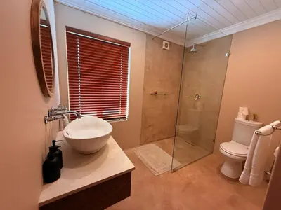 a bathroom with a toilet and a sink and a shower at Self Check-in River View Suite in Wellington