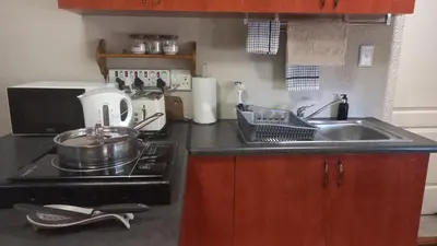 a kitchen counter with a sink and a stove at 'The Cape Robin' studio apartment in Hoheizen
