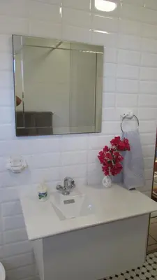 a bathroom sink with a vase of flowers on it at View Panoramica Self-Catering Apartment in Gordonʼs Bay