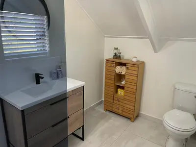 a bathroom with a sink and a toilet at The Studio - a lovely 1 bed loft apartment in Somerset West