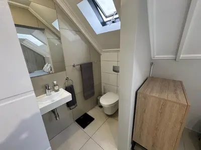 a bathroom with a toilet and a sink and a skylight at Stylish Loft apartment in the heart of Durbanville in Durbanville