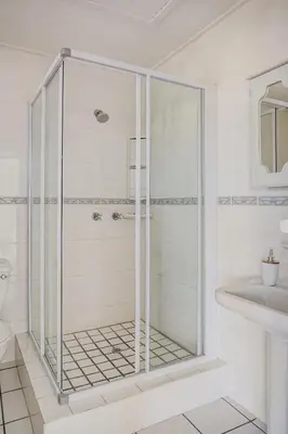 a glass shower in a bathroom with a sink at Villa Franlisa in Hermanus