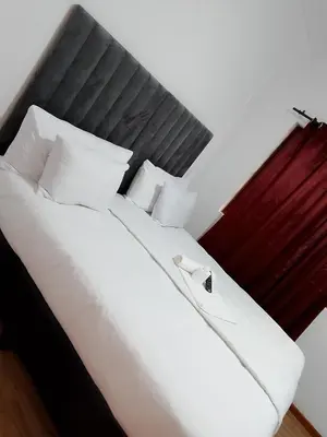 a large white bed with a black headboard and white pillows at Duminy Guest Lodge in Bellville