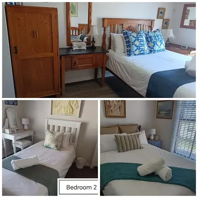 two pictures of a bedroom with two beds at Hes Se Gang family home,in Vermont in Hermanus