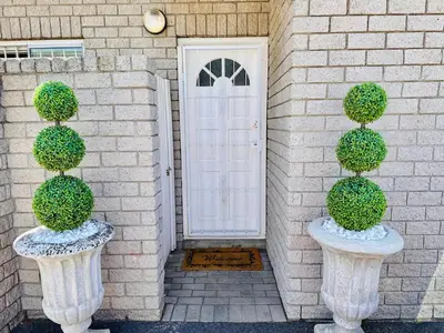 two vases with bushes on them in front of a door at Dolce in Cape Town