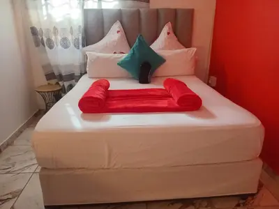 a bed with red pillows on top of it at Neo & Ruks rooms parow 2 in Avondale