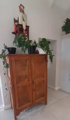 a wooden cabinet with potted plants on top of it at Flow in Hermanus