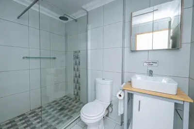 a bathroom with a toilet and a sink and a mirror at Prime Apartments in Richwood