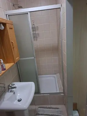 a bathroom with a shower and a sink at Leigh's home with dogs in Cape Town