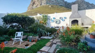a garden with a chair and a mountain in the background at Klein-Hangklip Remote Mountain Studio Cottage in Rooiels