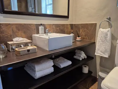 a bathroom with a sink and towels on a shelf at Mistys Studio Durbanville in Durbanville