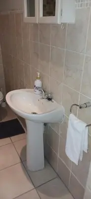 a bathroom with a white sink in a bathroom at Salt & Cellar - Paarl - Self Catering Apartment in Paarl
