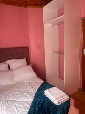 a bedroom with a bed and a pink wall at home away in Bellville South