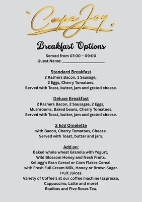 a menu for a restaurant with the names of the dishes at Cape Joy - BRAND NEW luxury villa just rolled out in Cape Town, Plattekloof in Plattekloof