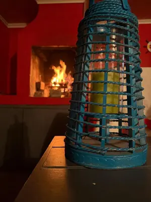 a blue bird cage sitting on a table in front of a fireplace at Barking Beach Cottage, Sandbaai - Pet Friendly in Hermanus