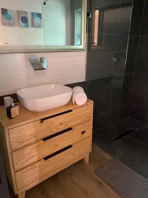 a bathroom with a sink and a shower at Modern, Comfy Guest Suite with Beautiful Views in Welgemoed in Tygerberg Hills