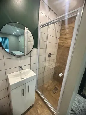 a bathroom with a shower with a sink and a mirror at 29Windsor in Silver Sands