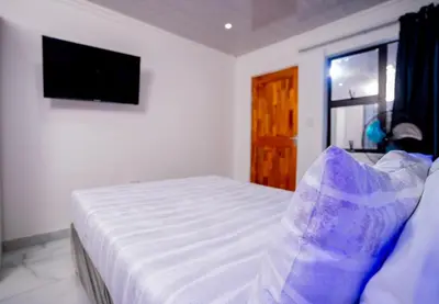 a bedroom with a bed and a flat screen tv at Boblodge in Cape Town
