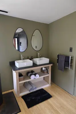 a bathroom with two sinks and two mirrors at Skaam Cabin Luxe Hideaway with a Naughty Side in Wolseley