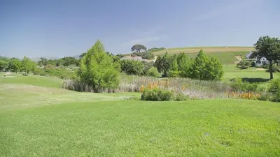 a lush green hillside with a green field and trees at Winelands Golf Lodges 33 in Stellenbosch