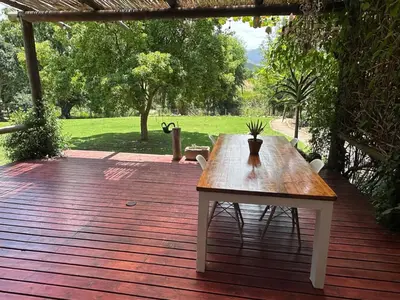 a wooden table with a potted plant sitting on a deck at Nature Lover's Home in Grabouw in Grabouw