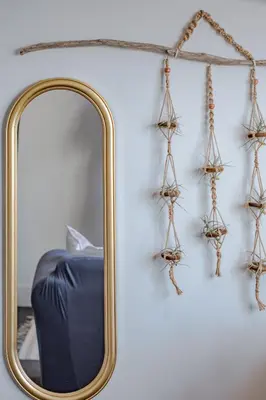 a mirror hanging on a wall with a blue couch at Hermanus Waterfront Boho Studio Apartment, Whale Coast Hideaway in Hermanus